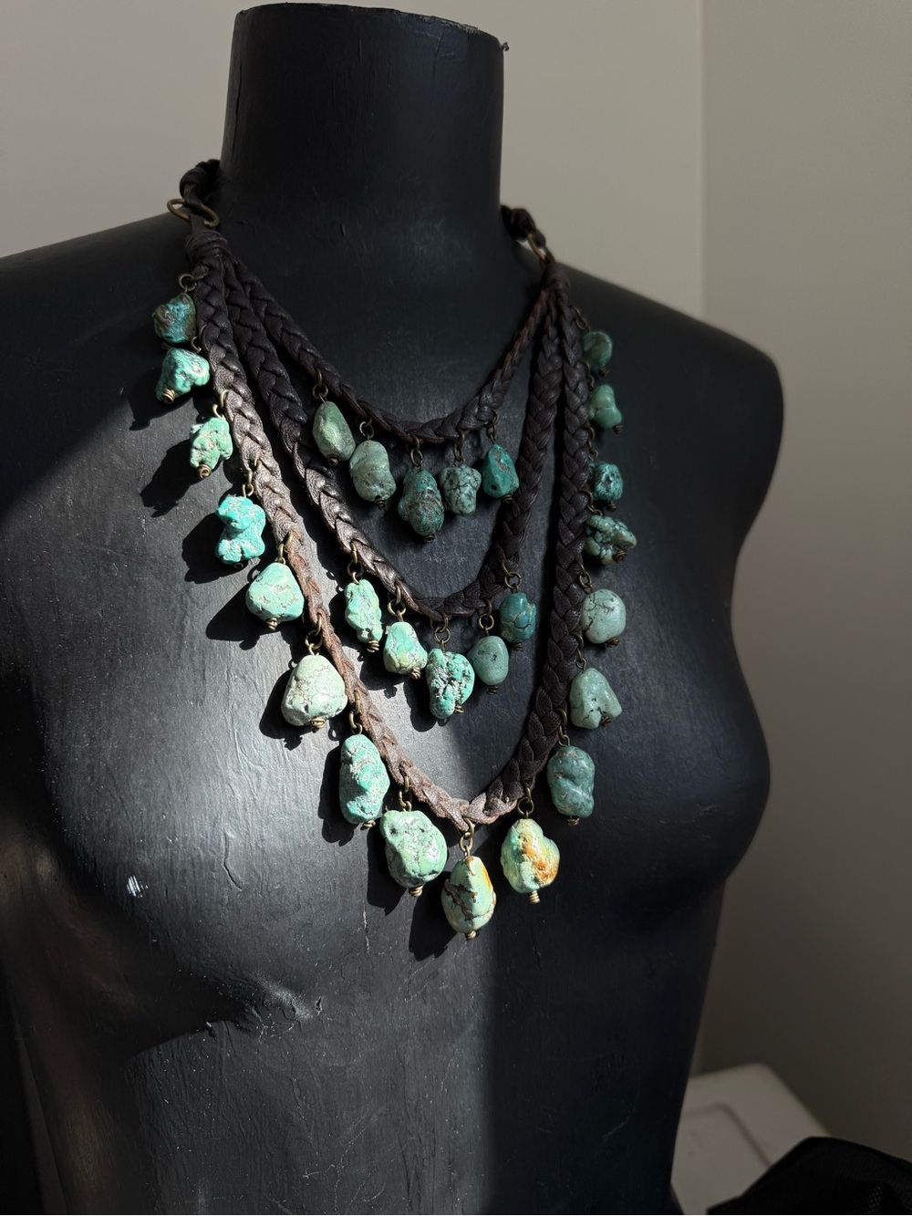 Layered Turquoise Stone Braided Necklace pendant bib leather jewelry statement